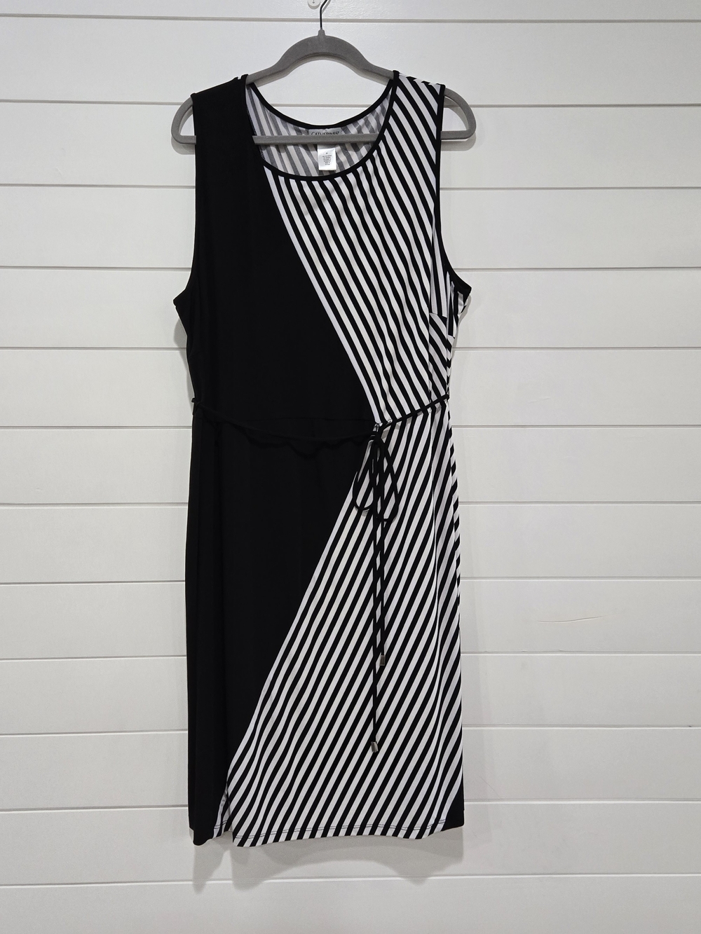 Catherines Black & White Diagonal-Stripe Sleeveless Tie-Waist Dress